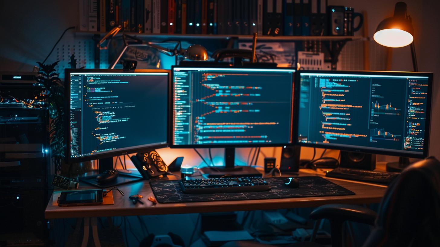 Triple monitor setup on a home office desk with code on screens in a dimly lit room.