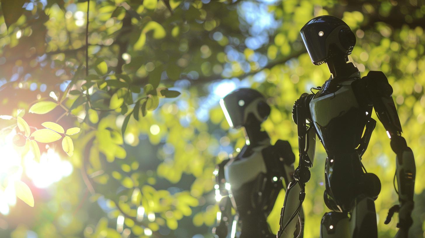 Two humanoid robots amidst green leaves with sunlight filtering through.