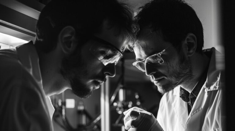 Two scientists wearing lab coats and protective eyewear intently examining a scientific experiment in a laboratory setting.