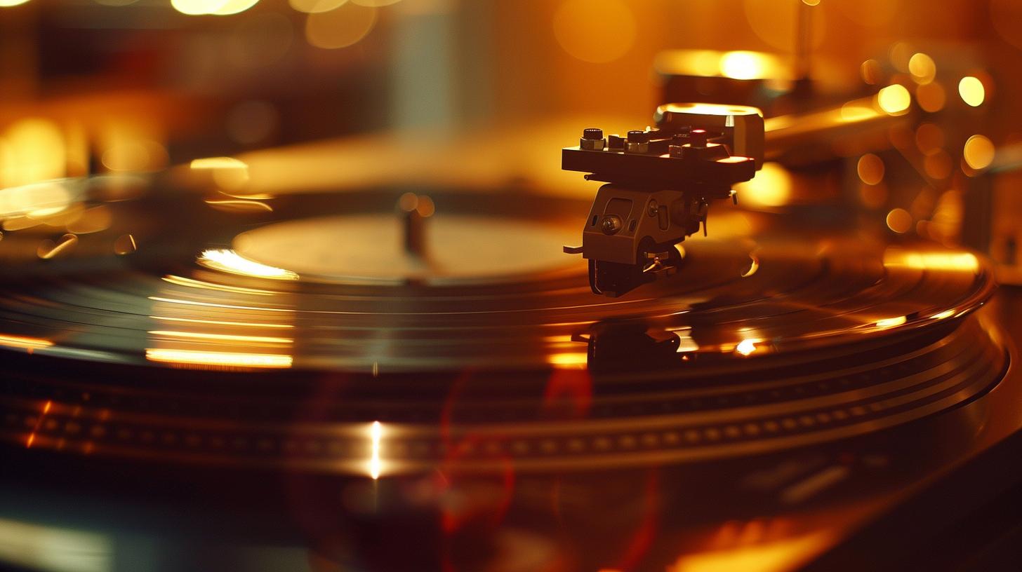 Close-up of a vinyl record player needle on a spinning record with warm ambient lighting.