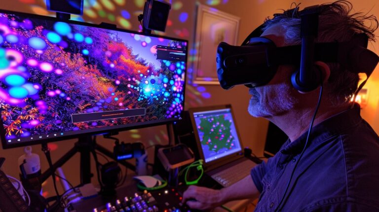 Person using virtual reality headset in a room with multiple computer screens displaying colorful graphics.