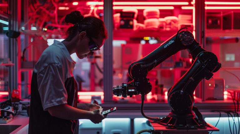 Woman engineer programming robotic arm in high-tech manufacturing lab with red lighting.