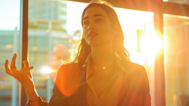 Woman in sunlight looking contemplative indoors with warm golden backlighting