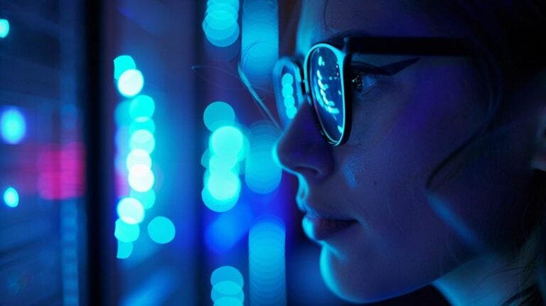 Woman wearing glasses with reflections of blue lights looking at digital screens in a dark room