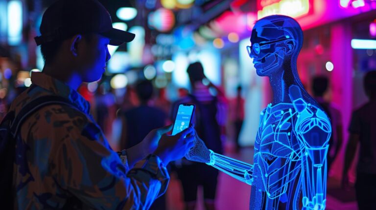 Young man using smartphone with holographic projection of human anatomy in neon-lit urban setting.