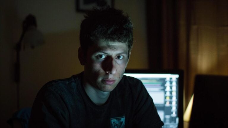 Young man working on a computer in a dark room with screen light illuminating his face.