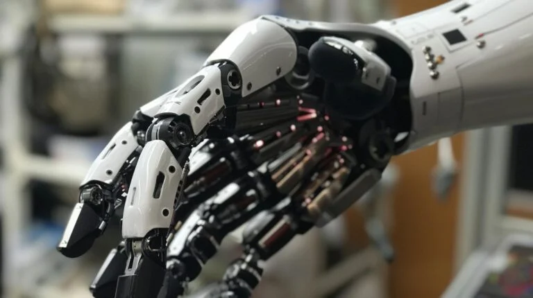 Close-up of an advanced robotic arm with intricate joints and wiring in a laboratory setting.