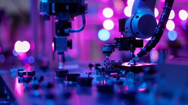 Industrial robots in automated assembly line with purple and blue lighting.