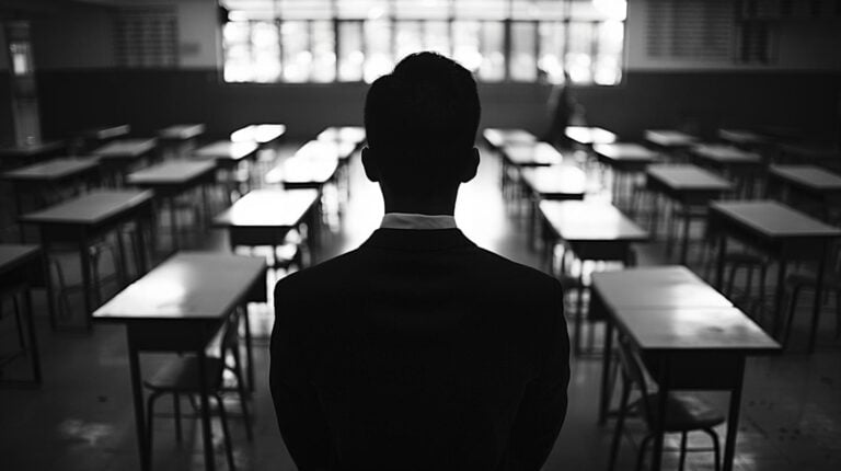 Back view of a person standing in an empty classroom with rows of desks, black and white photography.