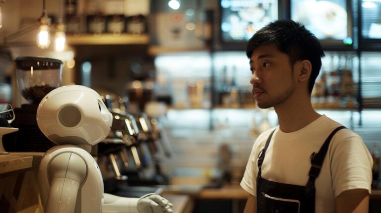 Barista in coffee shop with robot arm