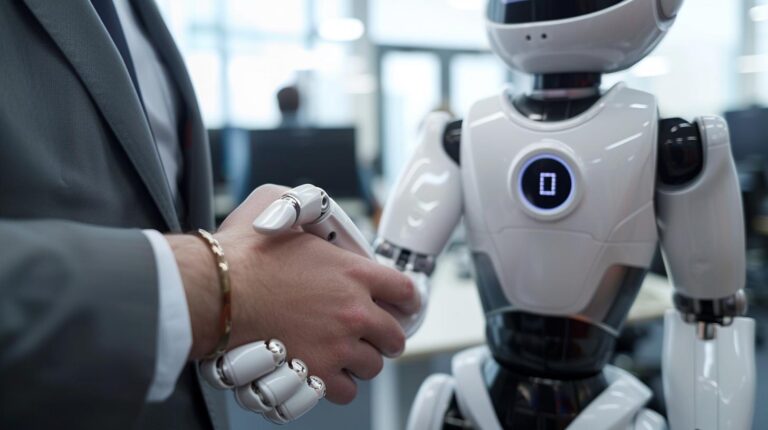 Businessman shaking hands with humanoid robot in office setting