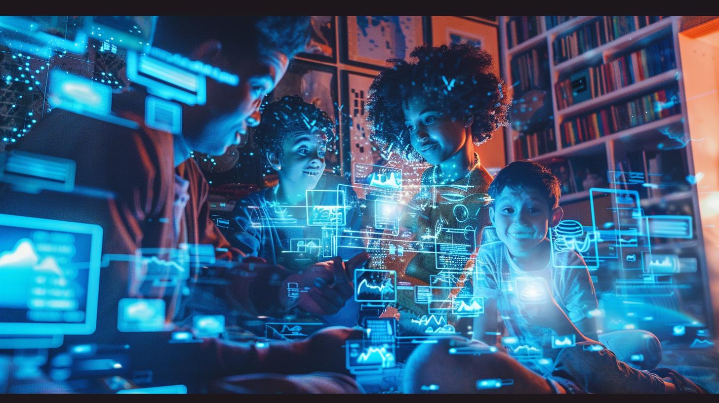Group of children engaged with futuristic augmented reality interfaces in a room full of books.