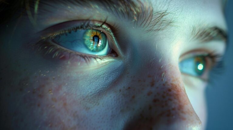 Close-up of a person's blue eyes with visible eyelashes and freckles under dramatic lighting conditions.