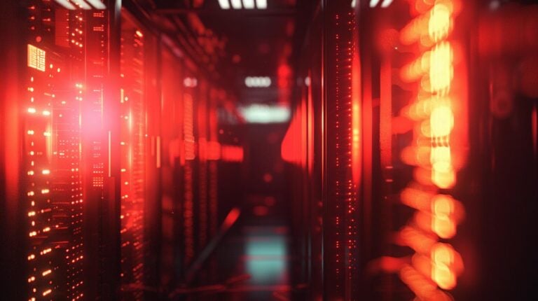 Close-up view of a server room with red LED lights.