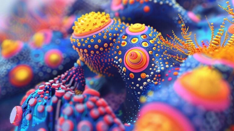 Colorful abstract digital artwork with textured spheres and intricate patterns