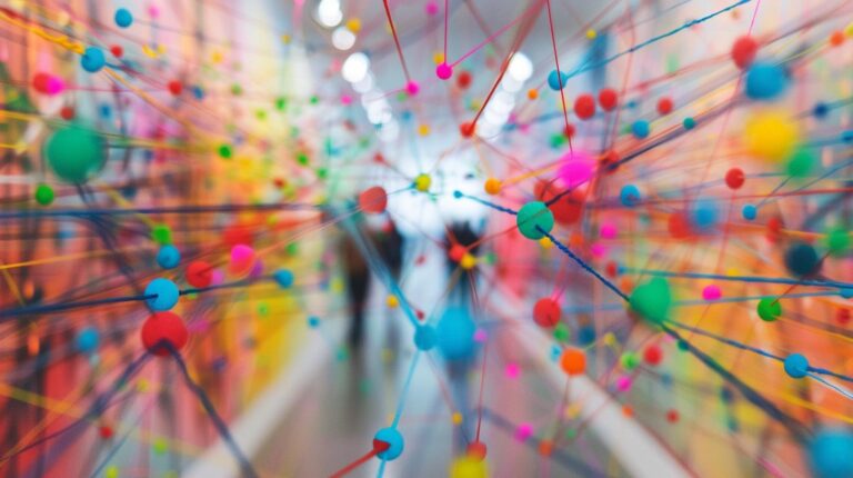 Colorful abstract network of strings with interconnected vibrant spheres in a gallery setting.