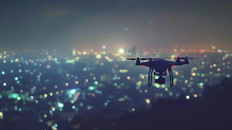 Drone flying at twilight with city lights in the background.