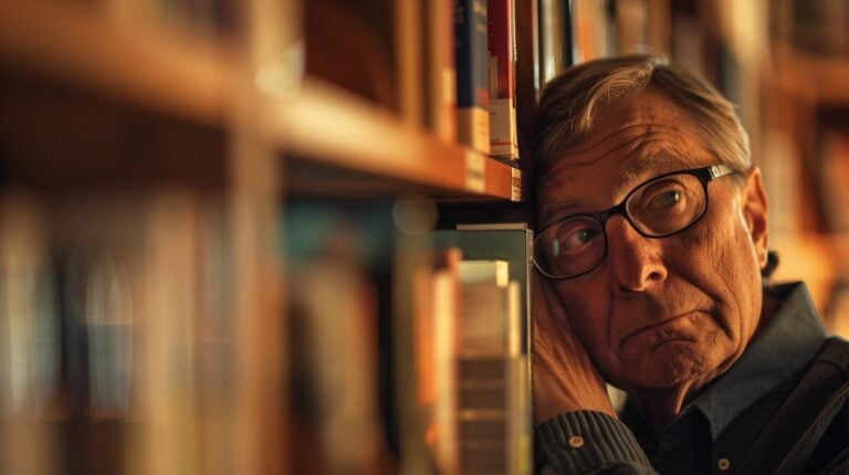 Elderly man with glasses peeking through bookshelves in a library.