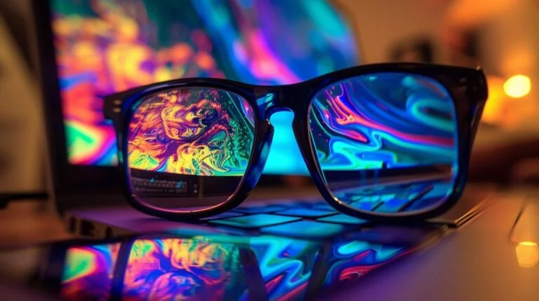 Eyeglasses revealing psychedelic colors on computer screens in a dimly lit room