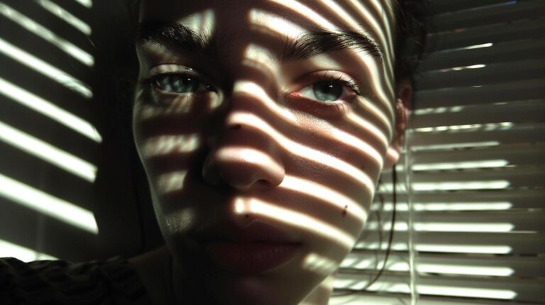 Close-up of a person's face with shadow stripes from window blinds creating a pattern over their features.