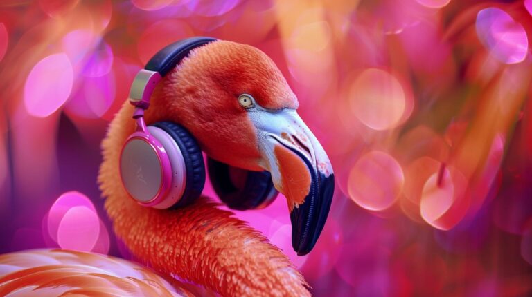 Close-up of a flamingo with headphones on a vibrant bokeh background.