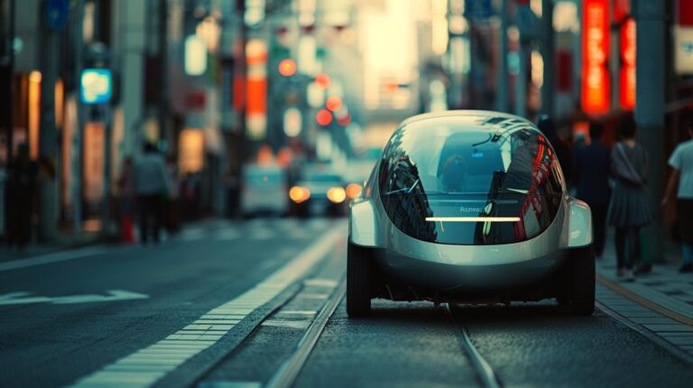 Futuristic autonomous vehicle driving through urban street with pedestrians and neon lights at dusk.