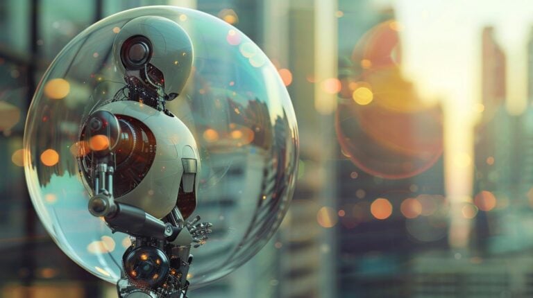 Futuristic robot with transparent spherical head against an urban skyline with warm bokeh lights.