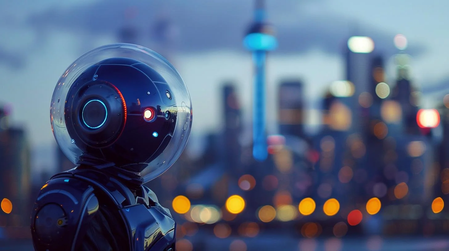 Futuristic robot with a spherical helmet looking at a blurred city skyline at dusk with bokeh lights.