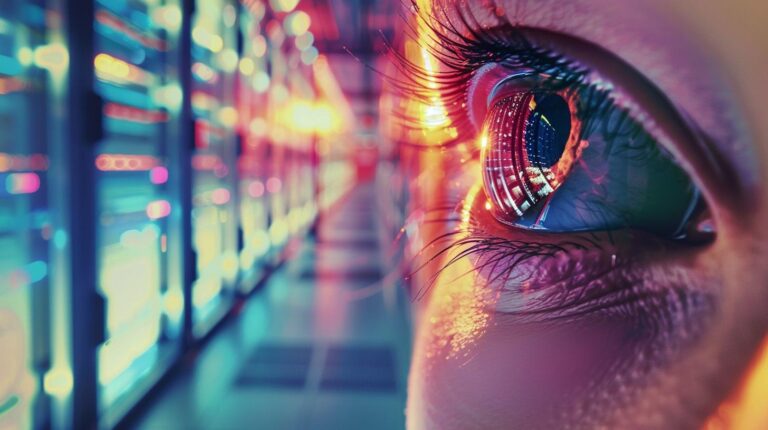 Close-up of a human eye with reflections of futuristic technology and lights.