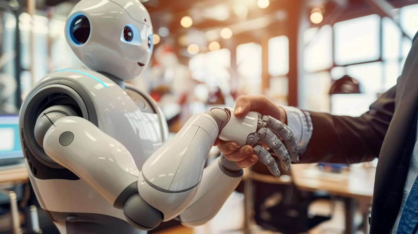 Human hand and humanoid robot hand touching in a symbol of human-robot collaboration and artificial intelligence technology.