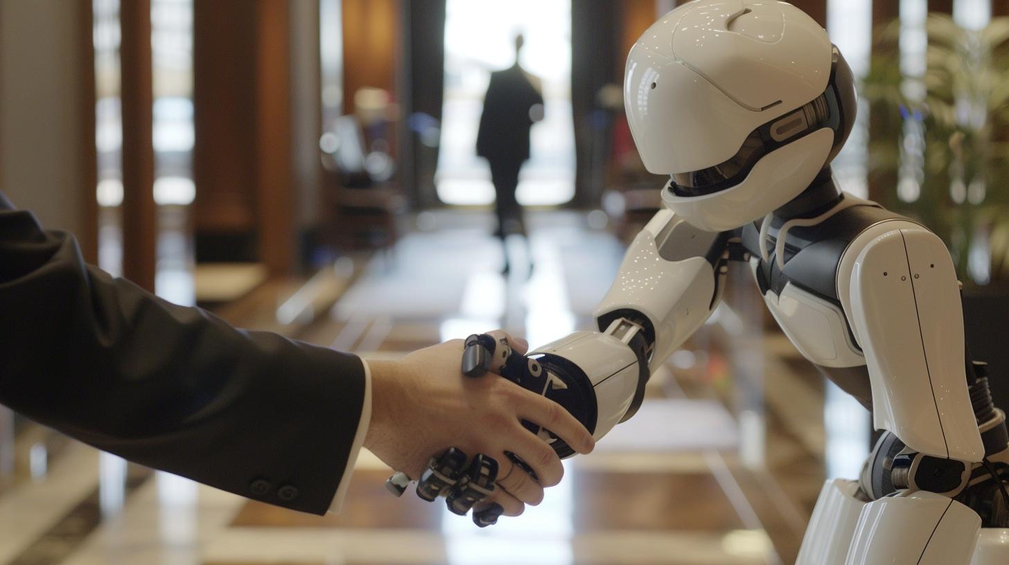 Human hand shaking hands with a humanoid robot in a modern office setting.
