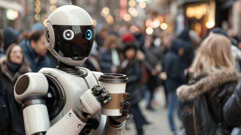 Humanoid robot holding a coffee cup on a busy city street surrounded by pedestrians.