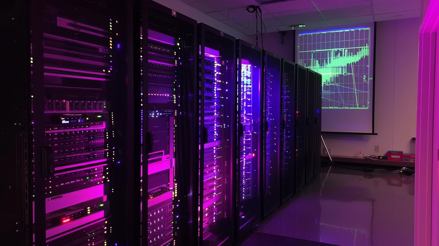 Row of illuminated server racks in a data center with a network performance graph projected on the wall