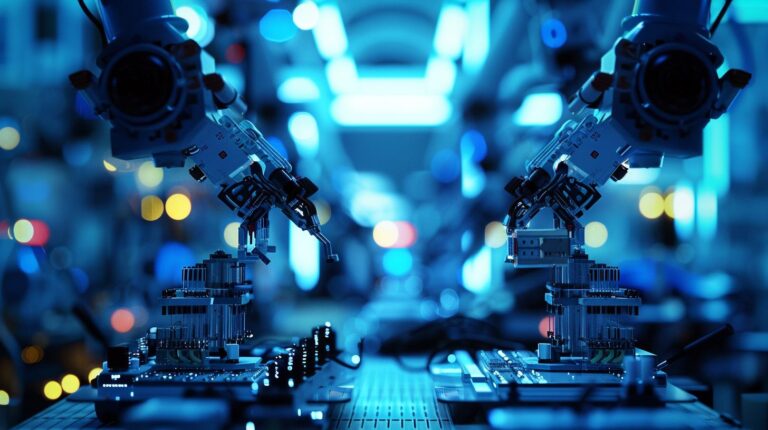Industrial automation robotics assembly line in a modern factory environment.