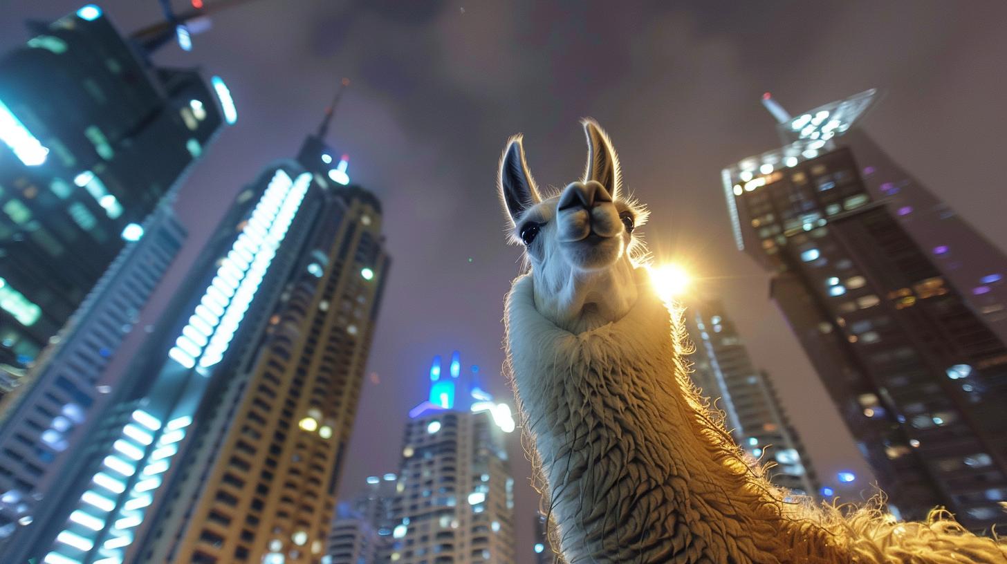 Close-up of a llama with skyscrapers illuminated at night in the background.