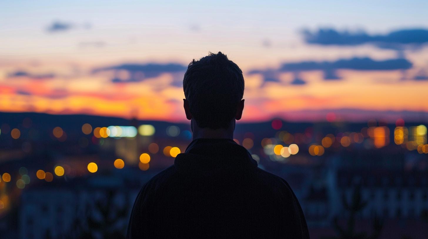 Man standing before sunset cityscape with vivid skies and blurred urban lights.