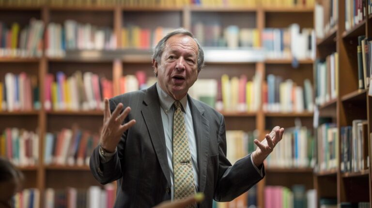 Man giving a speech in a library with bookshelves in the background