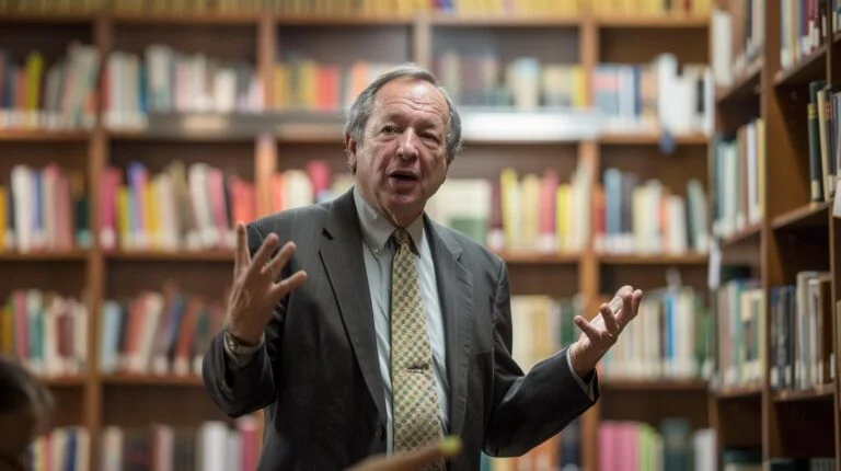 Man giving a speech in a library with bookshelves in the background