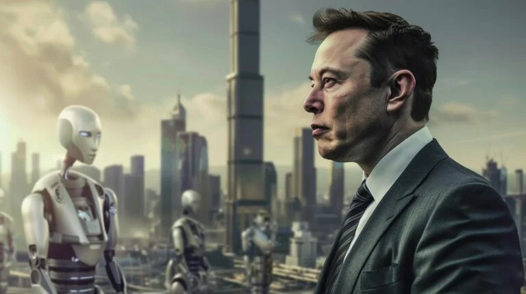 Man in suit standing alongside futuristic robots with city skyline in background.