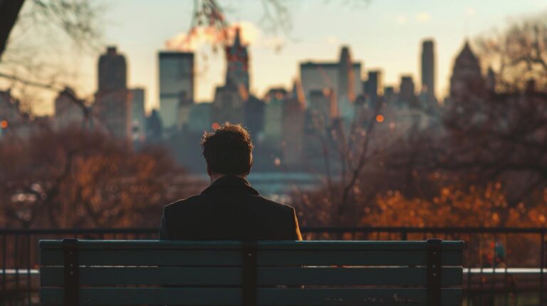 Man sitting on park bench facing city skyline during sunset