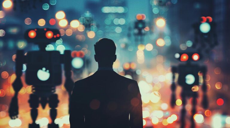Man in silhouette facing futuristic robots with glowing eyes in a city at night with bokeh lights