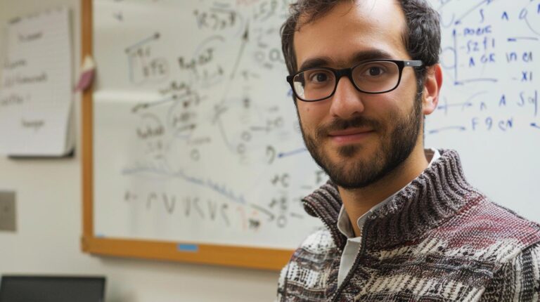 Man with glasses standing in front of a whiteboard filled with mathematical equations.