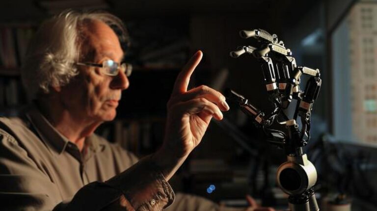 Man interacting with a robotic hand in a technology lab setting.