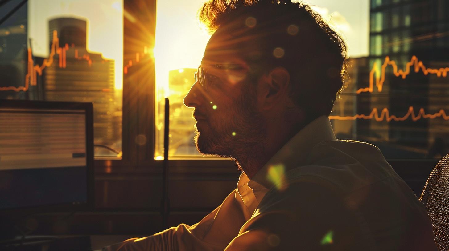 Man working on computer with sunset and city skyline in the background.