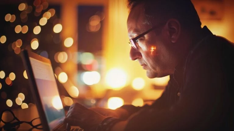 Man working on laptop with warm bokeh lights in background