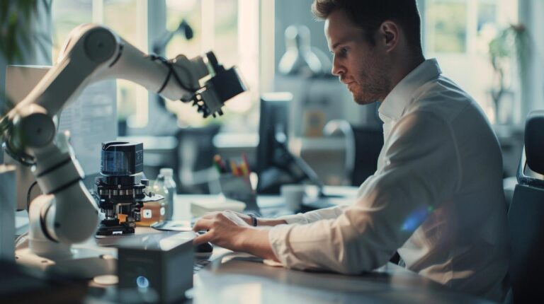 Man working with robotic arm and microscope in a high-tech laboratory setting.