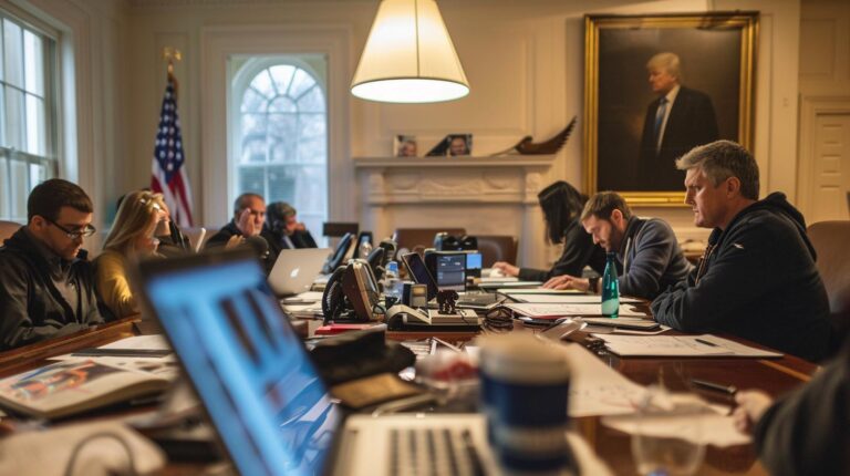 Professionals in a meeting room with laptops and documents, American flag and portrait in background