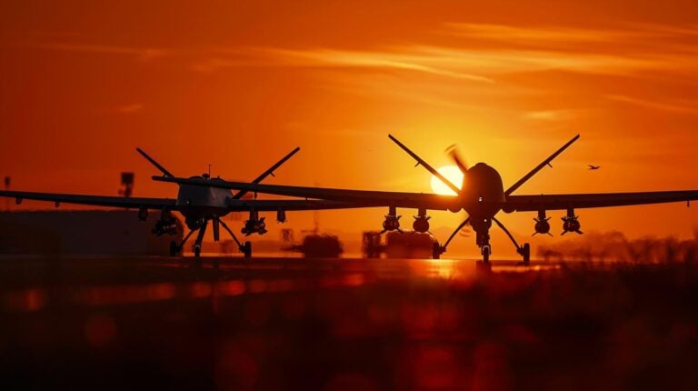 Military drones on a runway during sunset