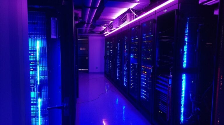 Modern data center room with racks of servers illuminated by blue lights.