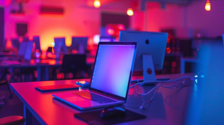 Modern office with laptops and desktop computers illuminated by neon blue and red lights.
